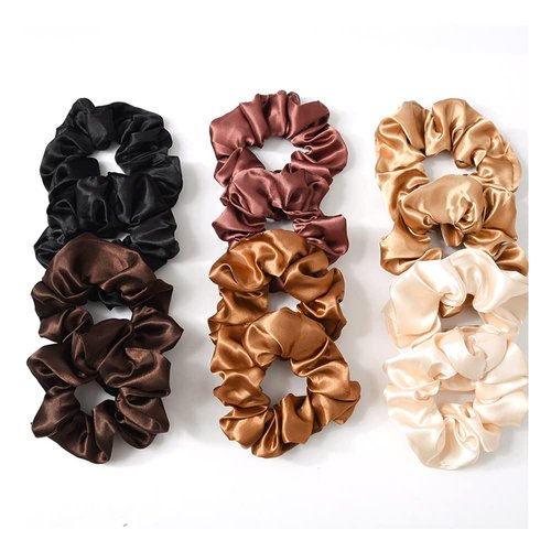 Funlovin Satin Scrunchies Black Brown Scrunchie Pack Ponytail Holder Hair Scrunchies Silk Scrunchy Hair Bands Hair Ties (12pcs Silky Scrunchies)