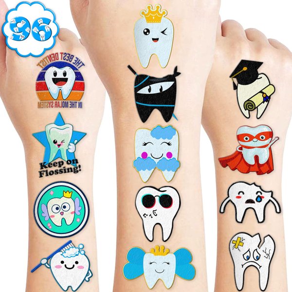 96 PCS Cute First Milk Tooth Dental Dentist Temporary Tattoos Birthday Themed Party Supplies Decorations Favors Fairy Teeth Tattoo Stickers Gifts for Baby Kids Girls Boys Decor School Reward Christmas