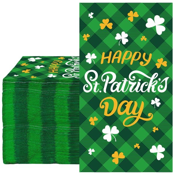 Whaline 80 Pack St. Patrick's Day Guest Napkins Shamrock Lucky Clover Disposable Paper Napkins Irish Green Buffalo Plaids Hand Towels for Irish Holiday Party Dinner Supplies, 4.3 x 7.9 Inch