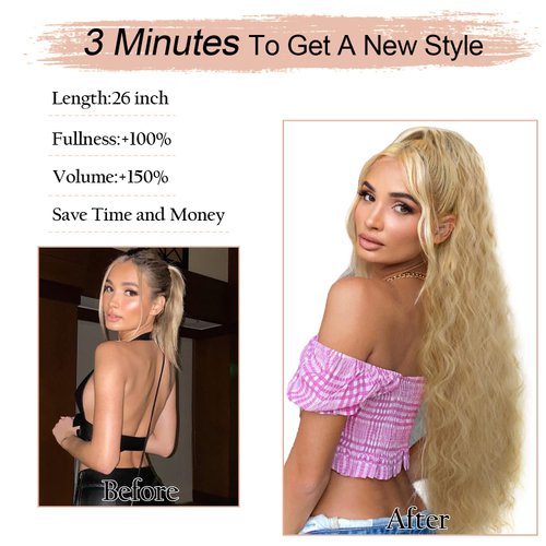 VIOLET Golden Blonde Ponytail Extension for Women Instant 26 Inch Long Curly Drawstring Ponytail for Women Synthetic Wavy Clip on Ponytails for Women Blonde Hair Extensions Ponytail (Blonde)