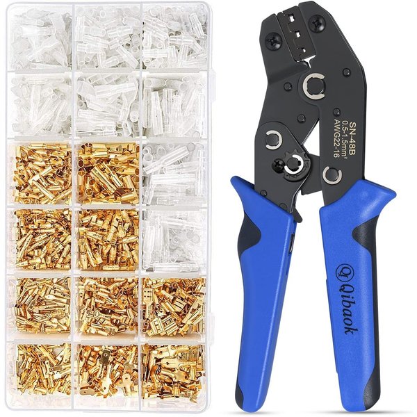 Wire Terminal Crimping Tool Kit, Qibaok Ratcheting Wire Crimper AWG 22-16(0.5-1.5mm²) with 500PCS Female Male Spade Connectors & Bullet Connectors Terminals