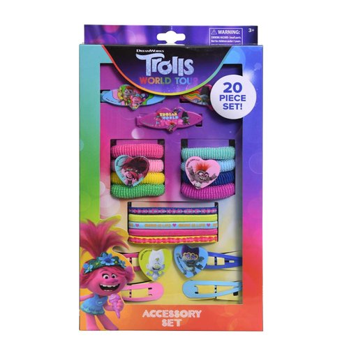 Trolls 2 Hair Accessory 20 Piece Set - Trolls World Tour Accessories Set Box for Kids with Snap Clips, Barrettes, Terries, and Elastics, 20 Cute Pretend Play Fashion Accessories