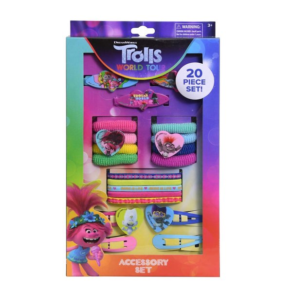 Trolls 2 Hair Accessory 20 Piece Set - Trolls World Tour Accessories Set Box for Kids with Snap Clips, Barrettes, Terries, and Elastics, 20 Cute Pretend Play Fashion Accessories