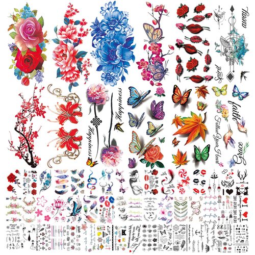 Flowers Butterfly Roses Temporary Tattoos for Women, Girls, or Kids. Fake Small Tattoo Stickers with Multi-Colored Mixed Styles Body Art for Arms, Neck, Back, and Legs. 60 Sheets（+200 Designs)