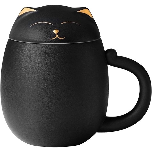 Liywall - Ceramic Tea Mug with Infuser and Lid, Cat Design Handmade Porcelain Tea Cup Strainer With Portable Shockproof Storage Case for Travel Office Home,Wife Girlfriend Gift - Black