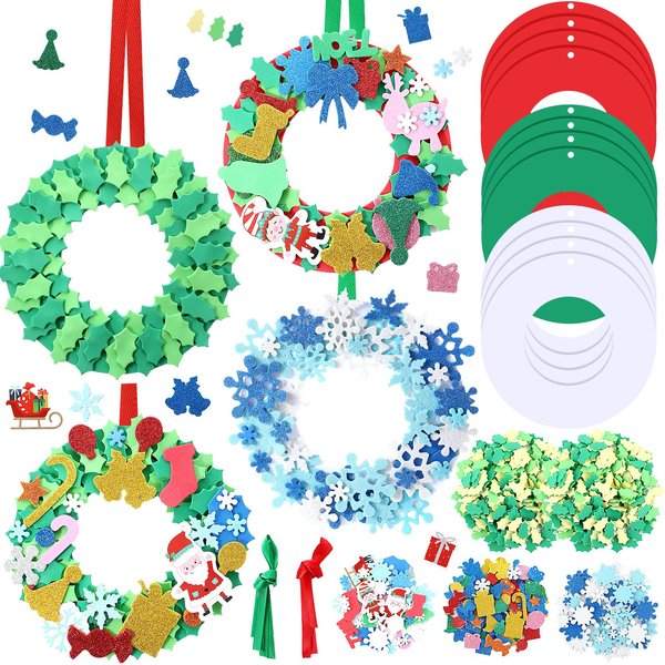 474 Pcs Christmas Crafts for Kids Foam Stickers with 12 Foam Wreath 450 Christmas Diverse Foam Stickers 12 Ribbon Christmas Crafts for Kids Decorations Party Favors Fun Classroom Home Activities