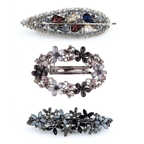 3PCS Fancy Barrettes for Women's Hair Sparkle Barrettes for Women 2.4" Small Glitter Sparkly Rhinestones Elegant Hair Clips Flower Crystals Leaf Metal Barrettes Decorative Accessories for Women Girls