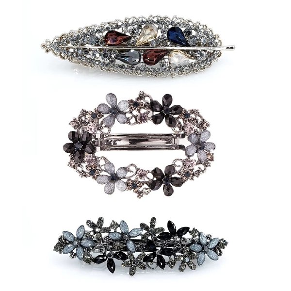 3PCS Fancy Barrettes for Women's Hair Sparkle Barrettes for Women 2.4" Small Glitter Sparkly Rhinestones Elegant Hair Clips Flower Crystals Leaf Metal Barrettes Decorative Accessories for Women Girls