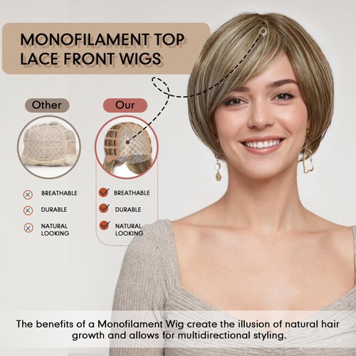 DWY Mono Top Lace Front Synthetic Wig Futura Hair Short Bob Brown Wigs for Women Monofilament Wigs Glueless Bob Heat Resistant Wigs Futura Fiber Natural Looking Free Part 8Inch