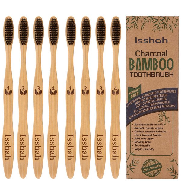 Isshah Biodegradable Eco-Friendly Natural Compostable Bamboo Toothbrushes - Pack of 8