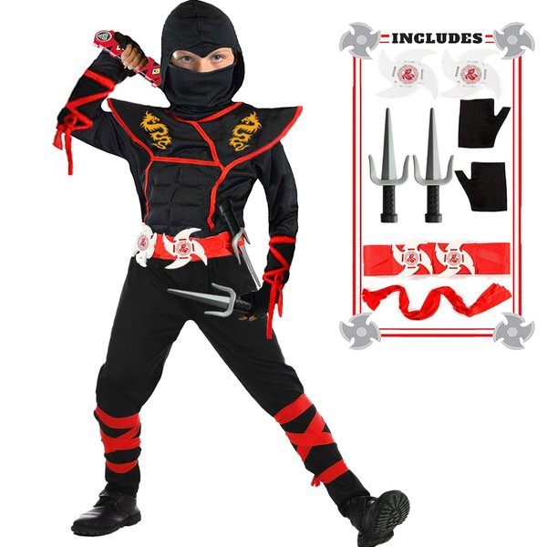 SATKULL Ninja Costume Boy&Girl Halloween Kids Costume Boy Ninja Muscle Costume with Ninja Foam Accessories Best Children Gifts(Kids-XL-10/12T)