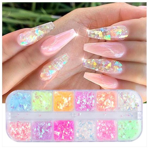 12 Colors Holographic Nail Art Glitter Sequins,Iridescent Ice Slag Nail Glitter Flakes Irregular Colorful Mermaid Nail Sequins Fluorescent Glass Paper Nail Art Supplies for Make-up DIY Nail Decoration