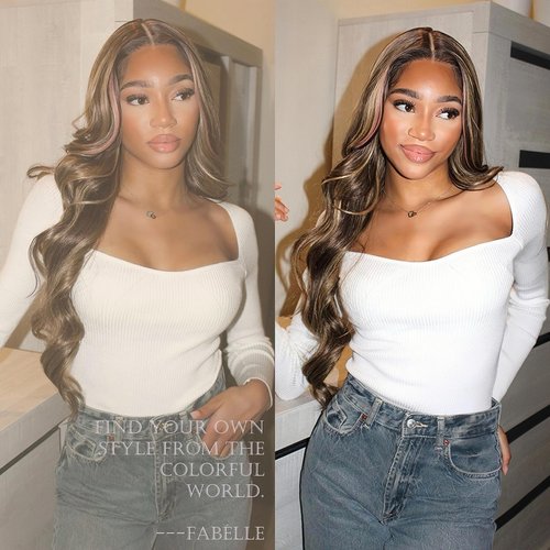 FABÉLLE Pink Highlight Wig Lace Front Wigs 30 Inch Glueless Wig Body Wave for Women Pre Plucked with Baby Hair Highlight Color Forehead Brown Highlight Synthetic Wig
