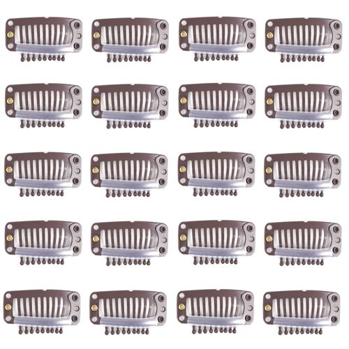 Lysilf Snap Clips for Clip in Hair Extensions U-shape with soft rubber 9 Teeth 6 Holes Stainless Steel Material 20 Pcs/pack 28mm (20Pcs, Dark Brown)