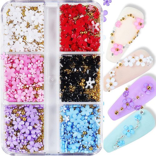 3D Colorful Flower Nail Charms White Pink Blue Purple Black Flowers Acrylic Nail Charms with Metal Golden Round Beads for Nail Art DIY Accessories