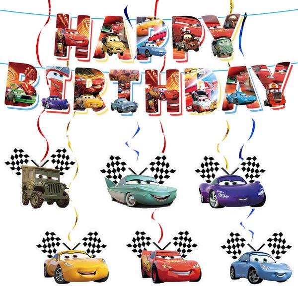 Cars Birthday Decorations, Cars Party Decorations Theme Happy Birthday Banner with Hanging Swirl for Cars Birthday Party Supplies