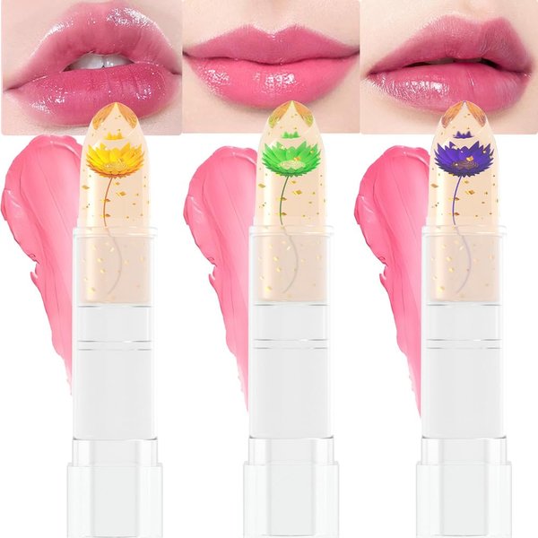 BINGBRUSH 3 Pcs Crystal Flower Jelly Color Changing Lipstick,Long Lasting Lip Care Moisturizer Lip Balm Magic Color Change Lip Gloss Lip Tint Stain Matte Makeup Lipstick (3 Pcs 04#&05#&06#)