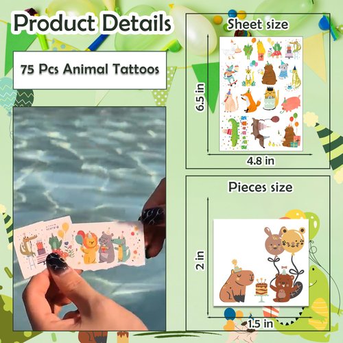 75 PCS Animal Birthday Temporary Tattoos for Party Supplies, Temporary Tattoo Stickers for Birthday Parties, Animal Party Favor Activities, Waterproof Temporary Tattoos. (Brown)