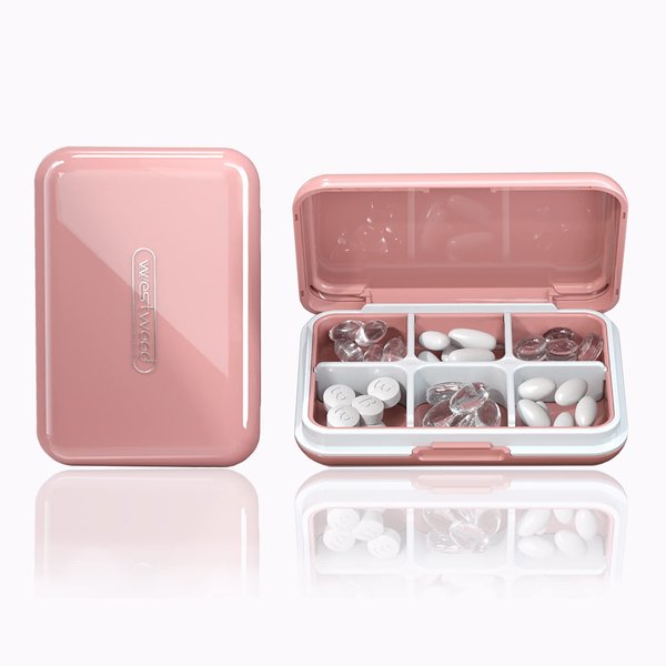 Travel Pill Organizer Moisture Waterproof Small Pill Box for Pocket Purse 6 Compartments Portable Pill Case Medicine Vitamin Holder Container (Pink, 6 Compartments)