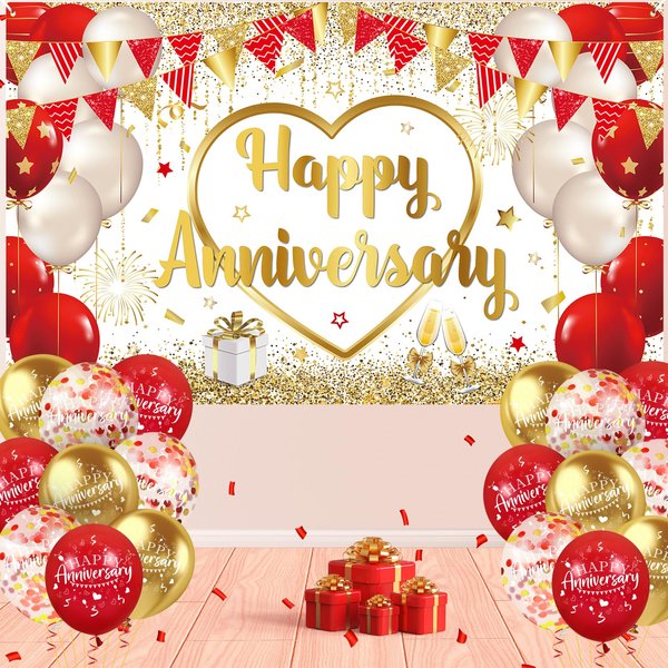 Red Gold Anniversary Party Decorations Happy Anniversary Banner Backdrop and 18Pcs Red Gold Happy Anniversary Balloons Anniversary Party Photography Background for Wedding Anniversary Party Supplies