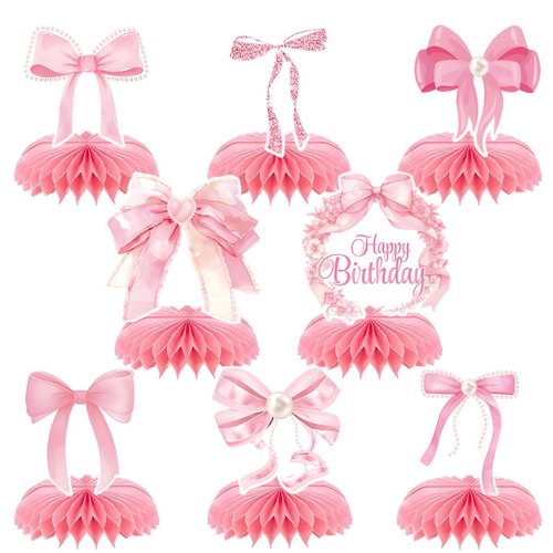 8pc Pink Bow Party Honeycomb Centerpiece, Pink Bow Coquette Birthday Supplies, Bow Wedding Bachelorette Party Decoration Supplies