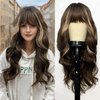 Romantic Angels Brown Wig with Bangs for Women Long Wavy Brown Highlight Wigs Natural Synthetic Wigs for Girls Daily Party Use 26 Inches