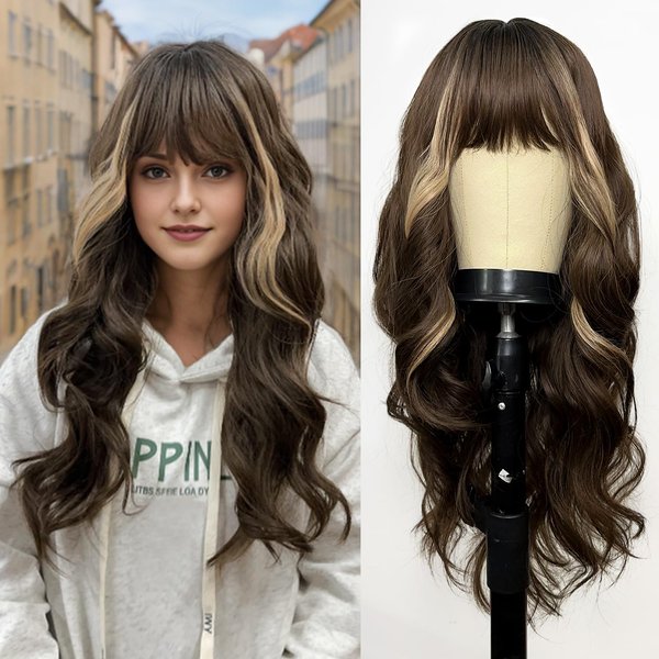 Romantic Angels Brown Wig with Bangs for Women Long Wavy Brown Highlight Wigs Natural Synthetic Wigs for Girls Daily Party Use 26 Inches
