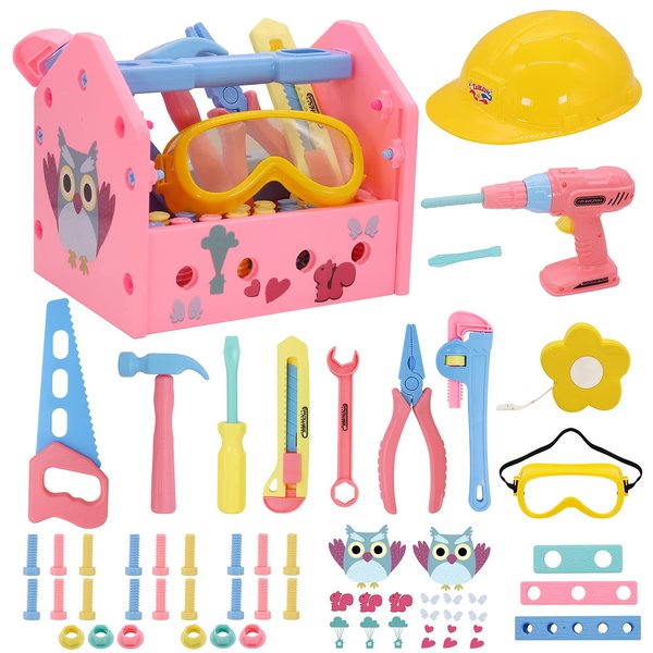 Magic4u Toy Tool Set Girl Pretend Play Construction Tool Accessories Tool Toys with Hat Tool Box Tape Measure Toy Electric Drill Hammer