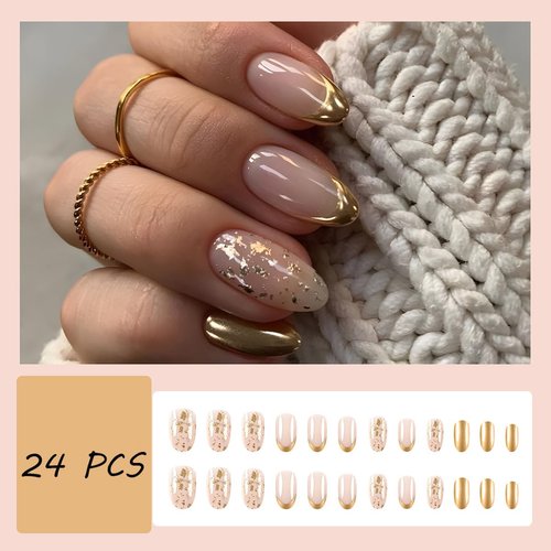 Gold French Tip Press on Nails Medium Fake Nails Almond False Nail Tips Gold Glitter Artificial Nails Design Full Cover Glue on Nails Art Accessories for Women Nail Decoration 24pcs