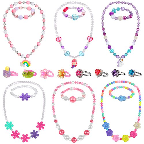 6 Sets Play Jewelry for Little Girls Princess Necklace Bracelet Set Includes Kid Beaded Necklace Bracelet with 8 Rings for Toddler Christmas Birthday Party Favors Cosplay(Mermaid, Rainbow Style)