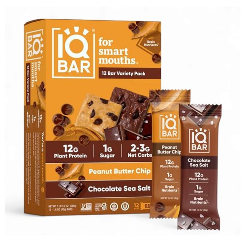 Iq-BAR Brain and Body Keto Protein Bars Variety Pack- Chocolate Sea Salt and Peanut Butter Chip - 12 Count Energy Bars - Low Carb Protein Bar - High Fiber Vegan Bars Low Sugar Meal Replacement Bar.