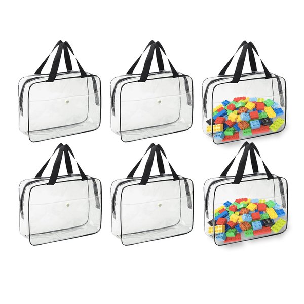 6 Pcs Toy Storage Bags with Zipper - 11.8 x 8.6 x 3.9 Inch,Clear PVC Portable Handheld Zipper Toy Organizer Bags for Organizing Board Games,Building Blocks,Puzzle,and Kids Books.black 6 Pcs