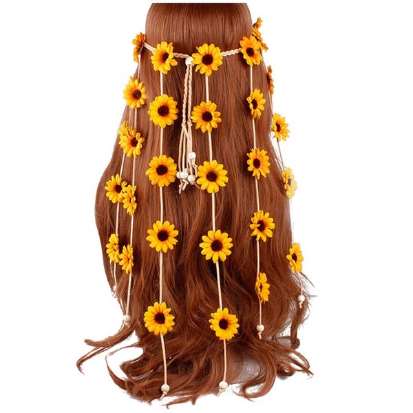 Sunflower Headband Flower Daisy Hippie Indian Boho Hair Bands Tassel Bohemian Floral Beads Halloween Hair Hoop Women Crown Hairband Party Decoration Cosplay Costume Headpiece Hair Accessories Yellow
