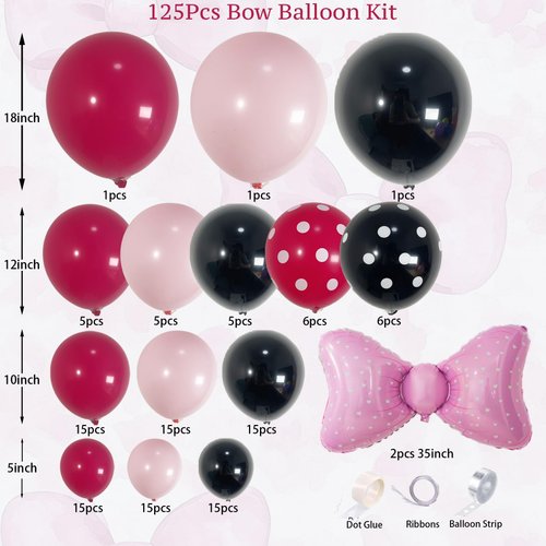 BlissBash 125PCS Pink Bow Balloon Arch Garland Kit, Pink and Black Balloons for Cartoon Mouse Birthday Party Decorations, Baby Shower Supplies, Bow Balloon Garland Set