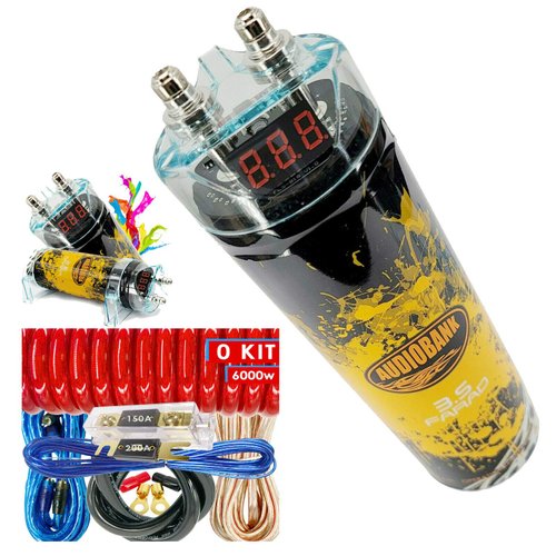 Audiobank 3.5 Farad Capacitor Car Audio 3500 Watts Power 12Volts Car Digital Power 3 Digit Voltage Display and Genuine New 6000W 0 Gauge Car Amplifier Installation Kit