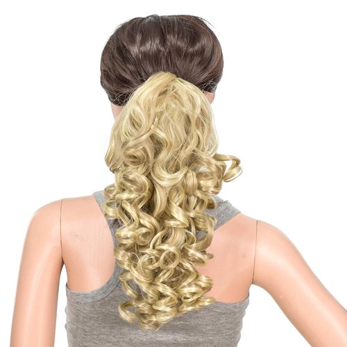 SWACC 12-Inch Short Screw Curls Claw Clip Ponytail Extensions Synthetic Clip in Drawstring Curly Ponytail Hairpiece Jaw Clip Hair Extension (Dark Honey Blonde/Bleach Blonde Highlights-16H613#)