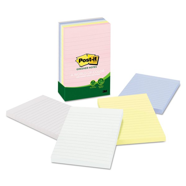 3M Post-it(R) Lined Notes, 4in. x 6in., Assorted Pastel Colors, Pack Of 5