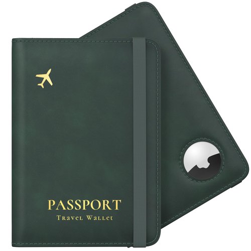 Stouchi Passport Holder with Airtag Slot, Airtag Passport Wallet for Men, Slim Leather Passport Holder Case Family for Travel Anti-Lost, Green