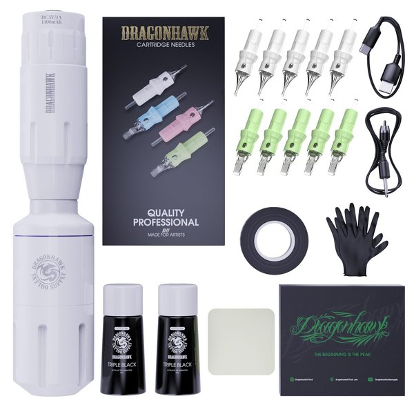 Dragonhawk Tattoo Gun Kit S1 Rotary Pen Machine with Cordless Battery Power supply Needles Cartridges for Beginner Practice & Learning