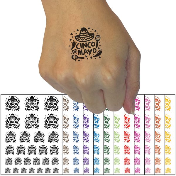 Cinco De Mayo with Sombrero Maracas Temporary Tattoo Water Resistant Fake Body Art Set Collection - Black (One Sheet)