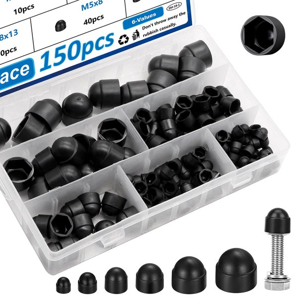 smseace 150pcs 6-Values Bolt Covers Screw Cap Nylon Screw Covers Caps M4/ M5/M6/M8/M10/M12 Bolt Covers Caps kit Nuts and Bolt Cap Assortment Kit