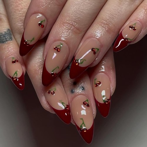 Press on Nails Medium Almond French Tip Fake Nails Red Full Cover Cherry with Rhinestones False Nails with Designs Glossy Glue on Nails Cute Acrylic Nails Artificial Nails for Women Girls 24Pcs