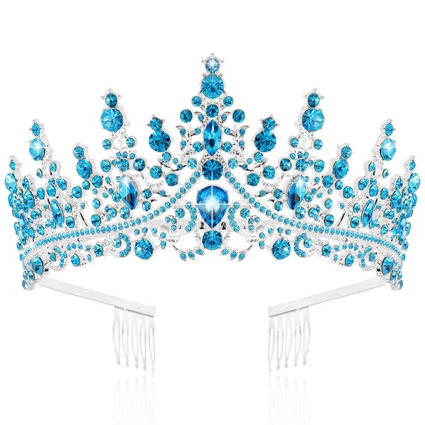 TOBATOBA Sky Blue Crown for Women Queen Crown Wedding Tiara for Women Crystal Tiaras and Crowns Princess Quinceanera Headpieces for Birthday Prom Pageant Bride Halloween Cosplay