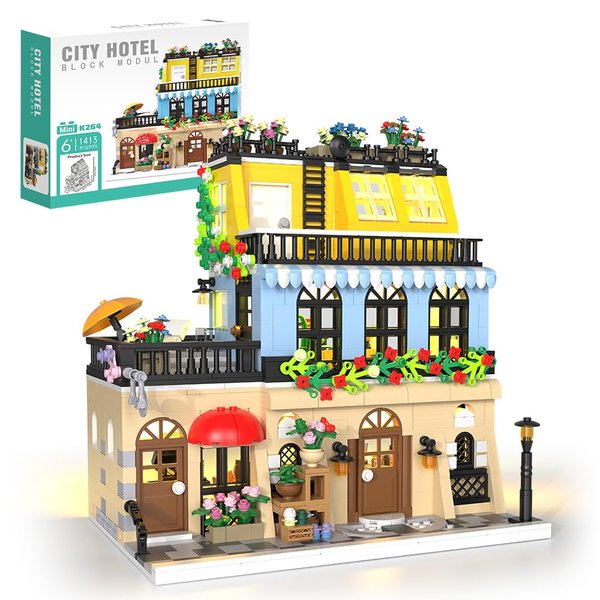 City Hotel Building Block Set with LED, Construction House Building Toy Gift for Adult Teen Age 14,Mini Bricks 1464pcs (Not Compatible with Lego)