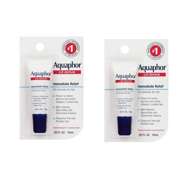 Aquaphor Lip Repair Ointment - Long-lasting Moisture to Soothe Dry Chapped Lips - .35 fl. oz Tube, 2 Pack