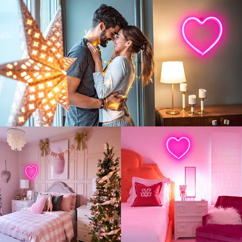 Pink Heart Neon Sign, LED Light Battery Operated or USB Powered Decorations Lamp, Table and Wall Decoration Light for Dorm Classroom Girl's Room Mothers Day Valentines Day Party Birthday Home Décor