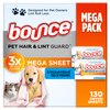 Bounce Pet Hair and Lint Guard Mega Dryer Sheets with 3X Pet Hair Fighters, Unscented, 130 Count