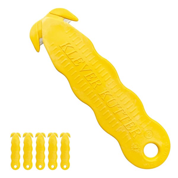 Klever Kutter Safety Box Cutter, 5 Count, Yellow - Plastic Utility Knife - Disposable, Reduces Injuries & Accidental Product Damage - Non-Retractable, Secure Grip - Pack of 1