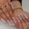 Long Press on Nails Coffin Fake Nails Pink Acrylic Nails with Flower Rhinestones And Silver Butterfly Designs False Nails Full Cover Stick on Nails Glitter Artificial Nails Manicure for Women 24Pcs