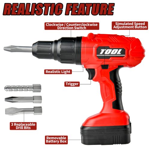 Toy Drill - Toy Choi's Electric Kid Drill Set Pretend Play Drill Toy, Kids Creativity Drill Screw Set, Construction Kids Tool Set Outdoor Preschool Gardening Lawn Toy Gift for Boy and Girl(Red)